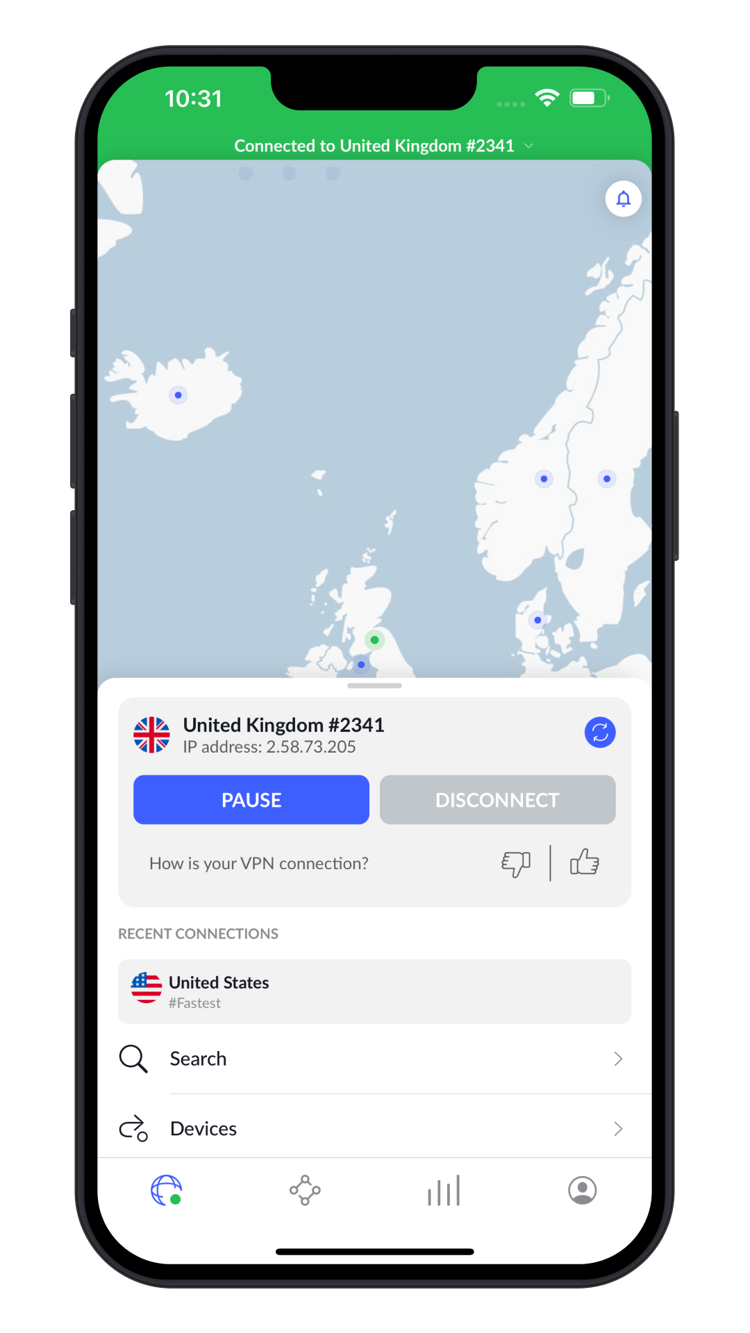 NordVPN iPhone connected — VPN tunnel active on iOS